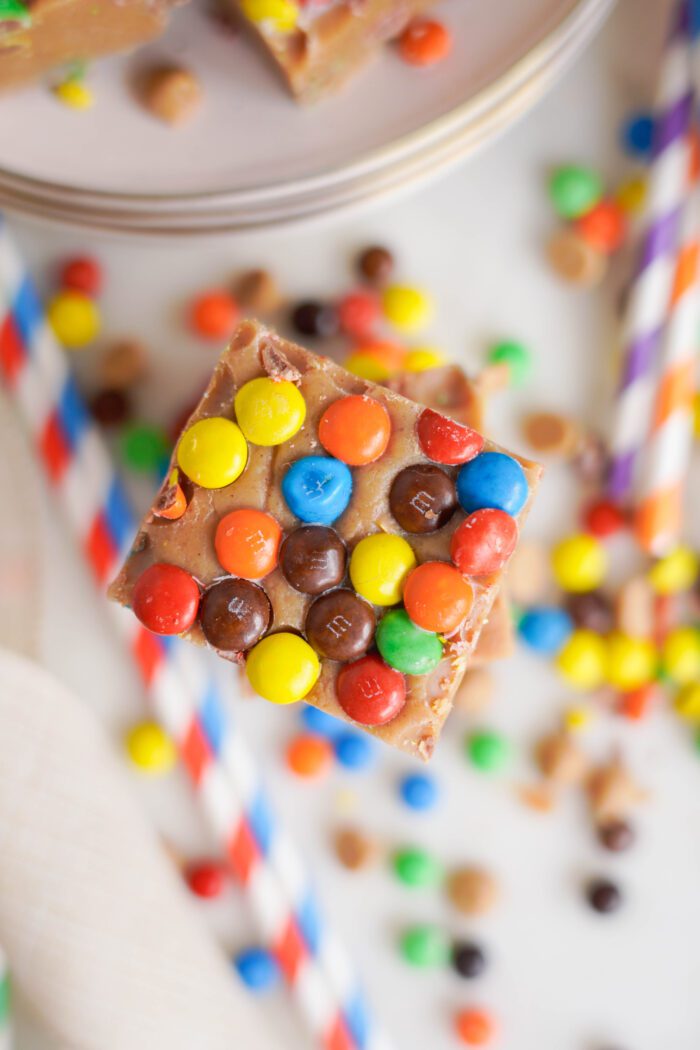 Peanut Butter M&M Fudge shown from above