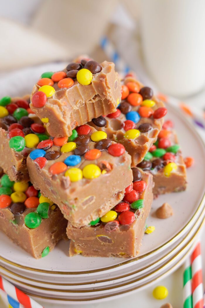 A plate of Peanut Butter Fudge topped with colorful mini M&MS, with a blurred white mug in the background.