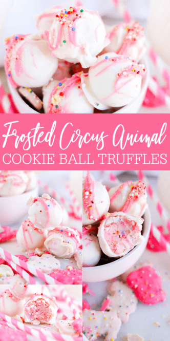 A close-up collage of frosted circus animal cookie ball truffles, decorated with white and pink icing, colorful sprinkles, and surrounded by more cookies.