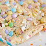 Easter Cake Mix Cookie Bars baked and topped with M&Ms and sprinkles
