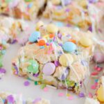 Easter Cake Mix Cookie Bars drizzled with melted white chocolate