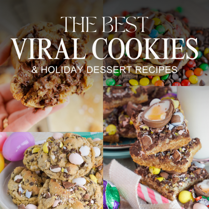 Collage of various cookies and desserts with text promoting the best viral cookie and holiday dessert recipes, highlighting Easy Easter Cookie Bars with Cake Mix, alongside colorful candies and chocolate chips.