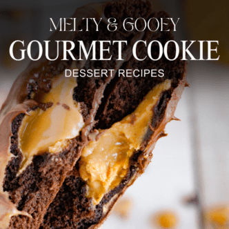 Close-up of a melty and gooey chocolate cookie split in half, revealing a creamy filling, with text above that reads "Melty & Gooey Gourmet Cookie Recipes.