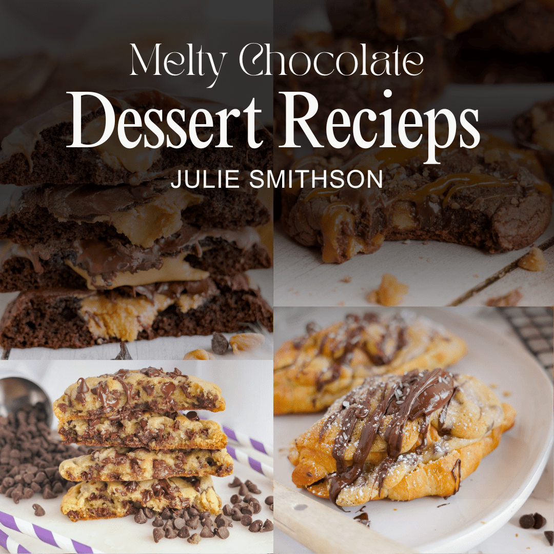 A collage features various chocolate desserts, including brownies, pastries, and gourmet cookies, with the text "Melty Chocolate Dessert Recipes" by Julie Smithson prominently displayed.