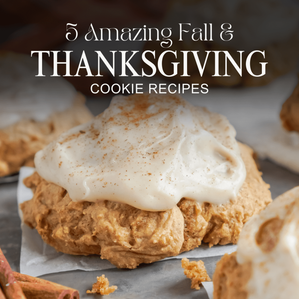 Close-up of a pumpkin cookie with cream cheese frosting. Text overlay reads, "5 Amazing Fall & Thanksgiving Cookie Recipes.