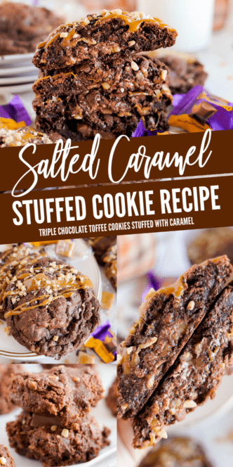 A close-up of chocolate caramel stuffed cookies with toffee pieces, piled and broken open on a white surface. Beside them, a decorative sign charmingly reads "Chocolate Caramel Stuffed Cookie Recipe.